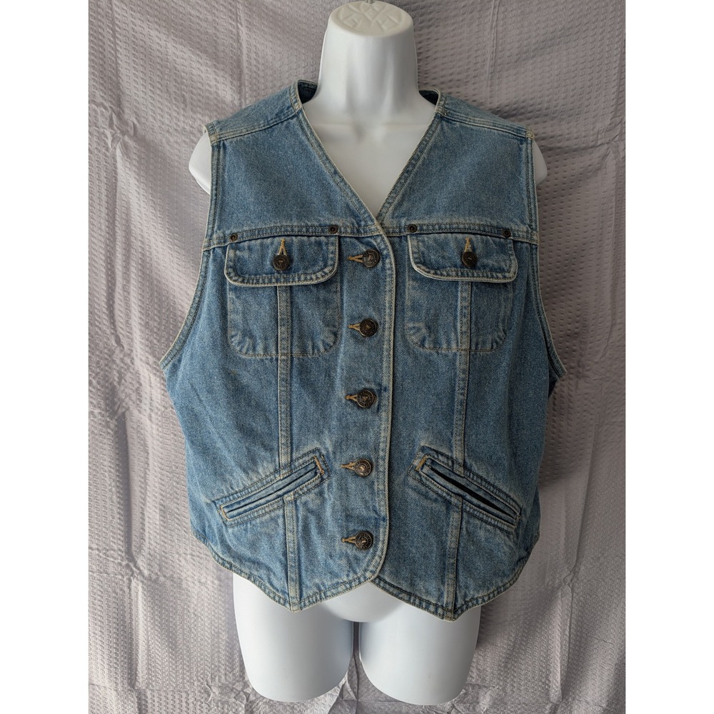 LizWear Womens Med Denim Vest Light Wash Button Front Cinch Back Utility Pocket